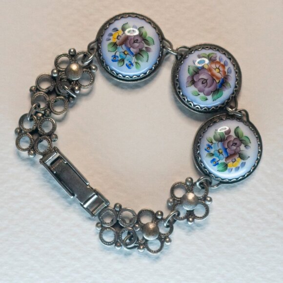 Vintage 1970s USSR Finift Enamel Bracelet + Matching Ring Set • Hand-Painted - Picture 1 of 6